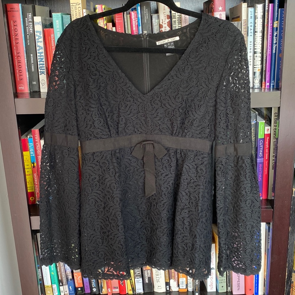 Black lace mini dress with bell sleeves